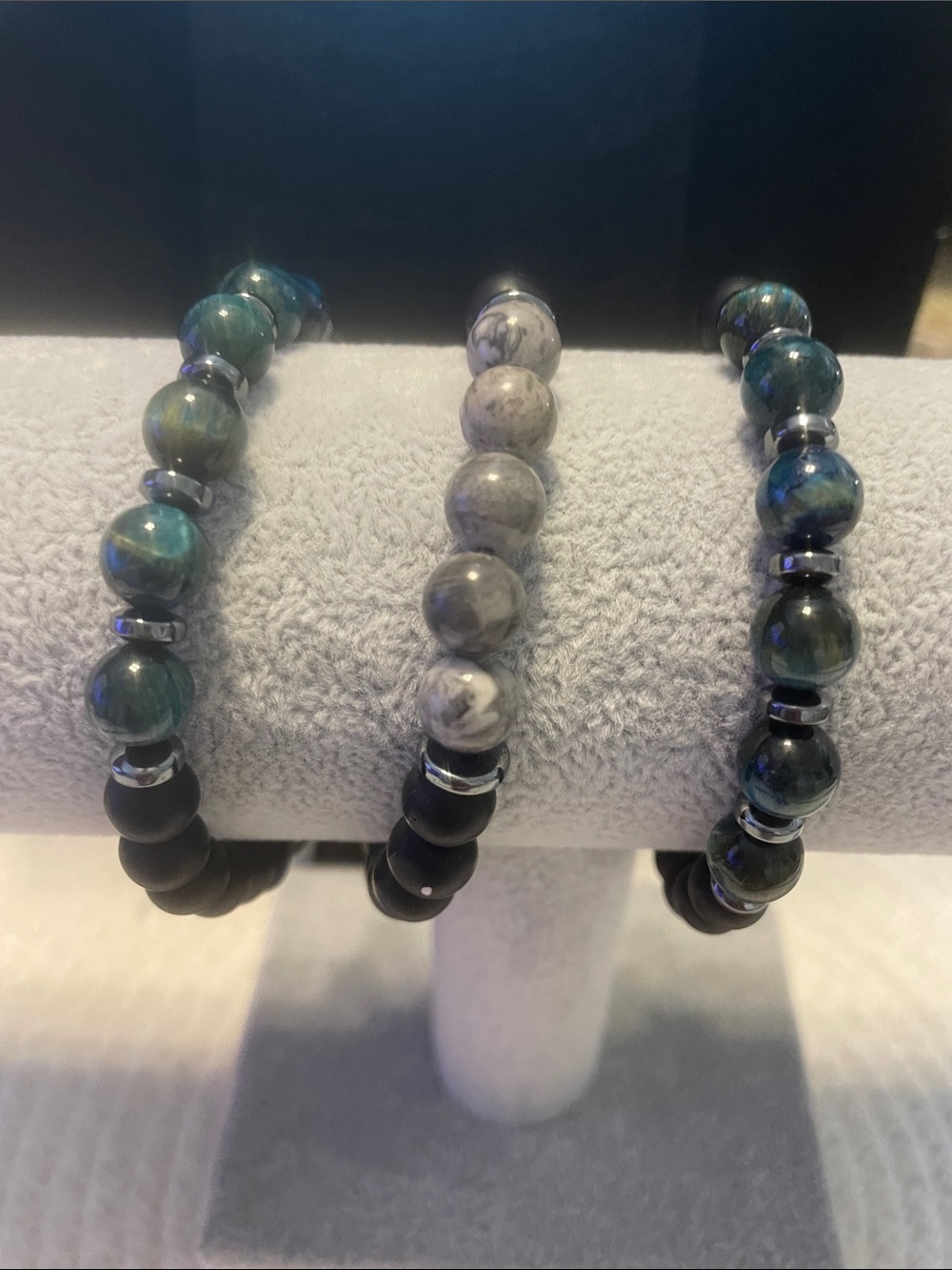 Green Iridescent & Gray Moss Agate polished stone bracelets with accent pieces